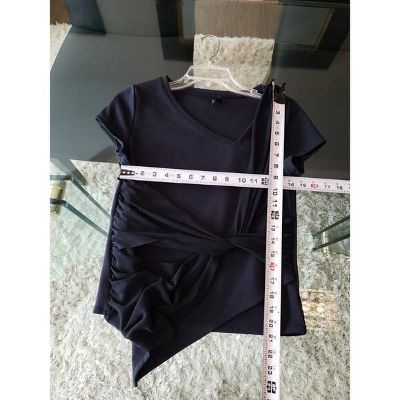 Labwork Faux Wrap Ruched Women's S-P Blue Polyester Short Sleeves Tie Waist Top - Picture 12 of 12